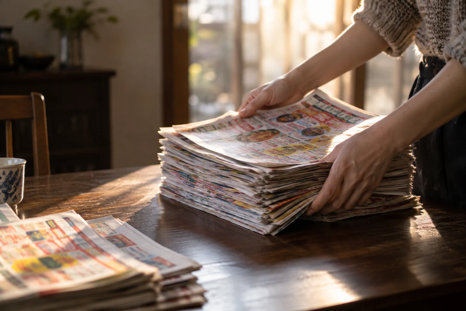新聞折込チラシを揃える手元